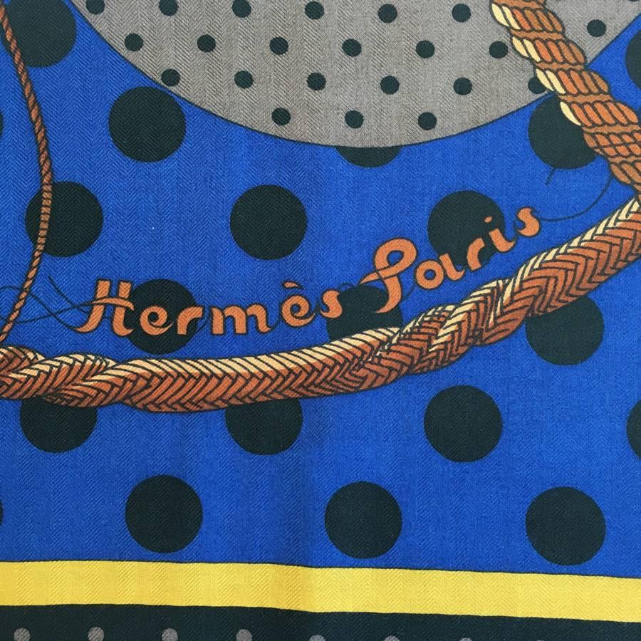 Blue HERMES Shawl 'Cilc Clac à Pois' in Black, Brown and Indigo Cashmere and Silk