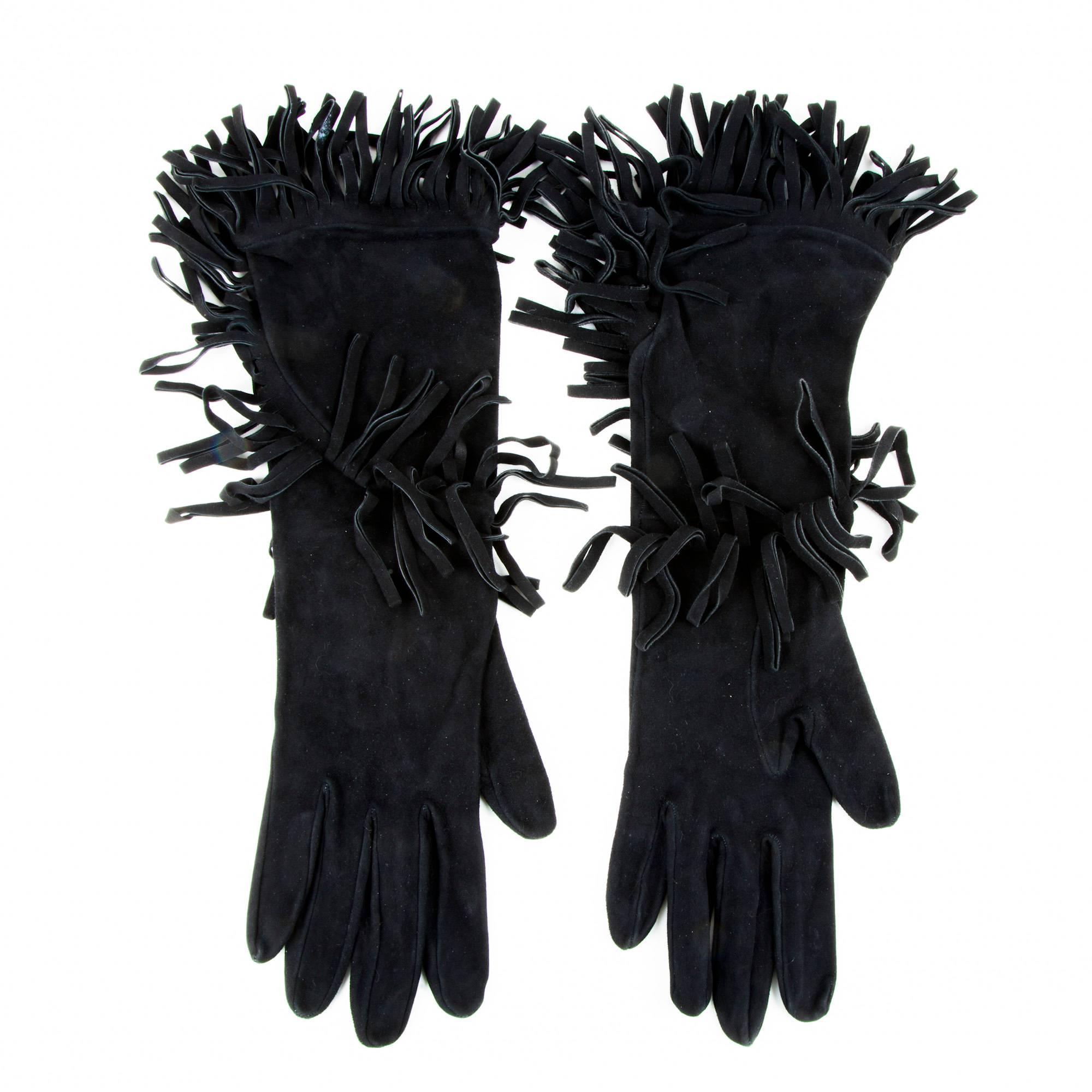 HERMES Mid-Length Fringed Gloves in Black Suede Size 7.5 EU 1