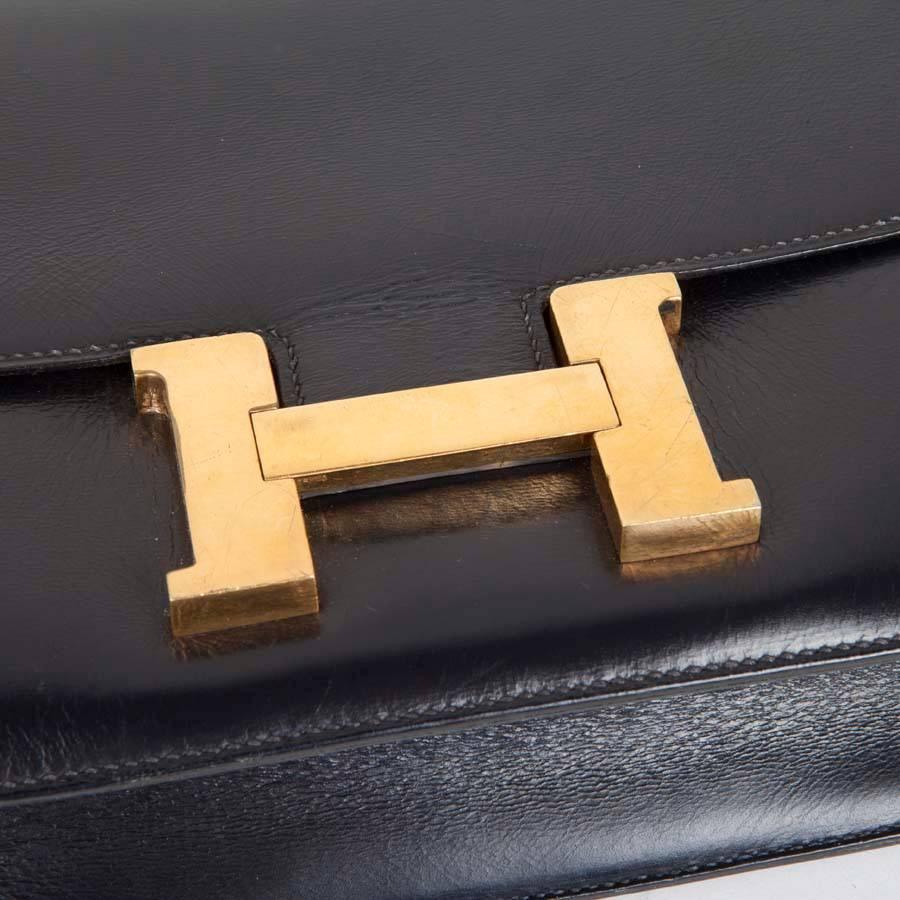 Black HERMES Vintage Constance Bag in Navy Box Leather