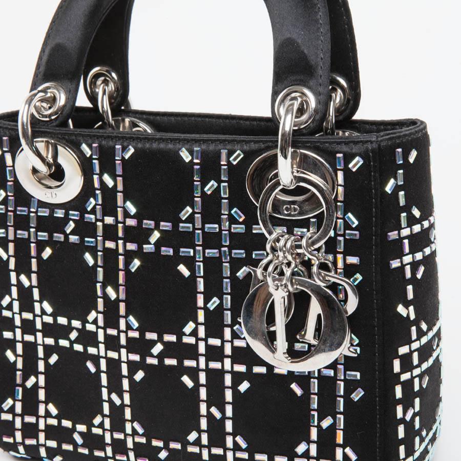 CHRISTIAN DIOR Mini Lady D Evening Bag in Black Silk Satin set with Swarovski In Good Condition In Paris, FR