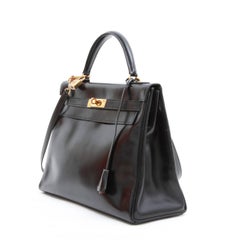 Hermes Kelly 32 Handbag in Black Box "Retourné" Leather