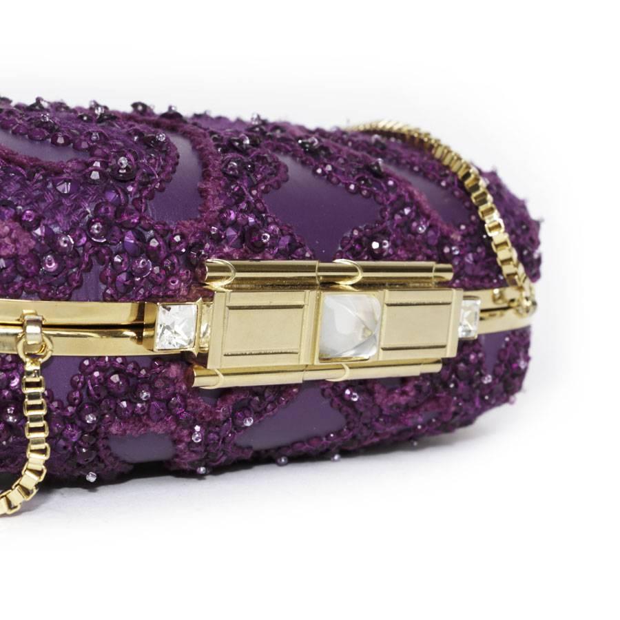 Gray ELIE SAAB Minaudière in Purple Leather and Embroidered Fabric with Pearls For Sale