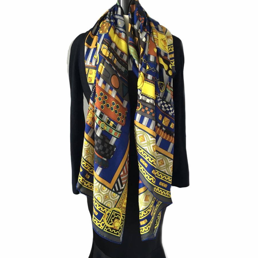 HERMES Shawl 'Collier de chien' in Yellow and Blue Cashmere and Silk 3