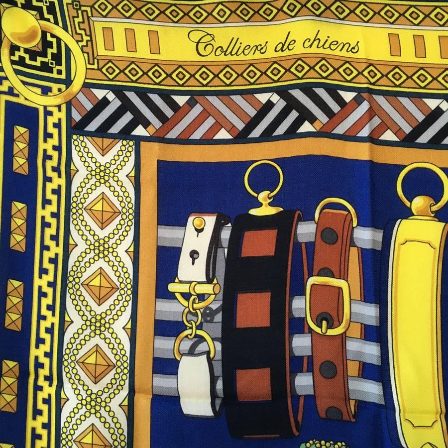 HERMES Shawl 'Collier de chien' in Yellow and Blue Cashmere and Silk In Excellent Condition In Paris, FR