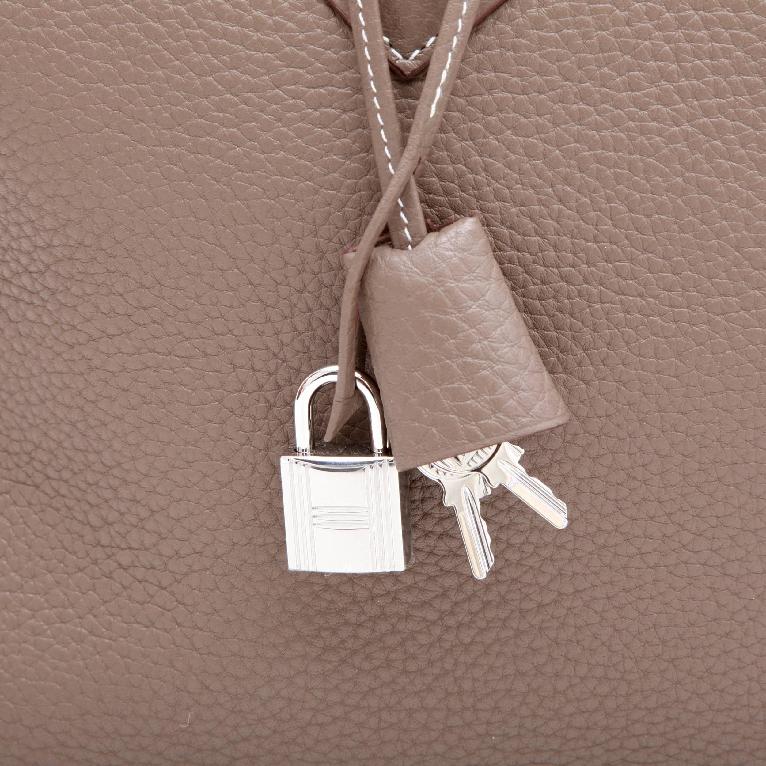 Brown Hermes Victoria Bag in Etoupe Clémence Taurillon Leather and Saddle Stitching