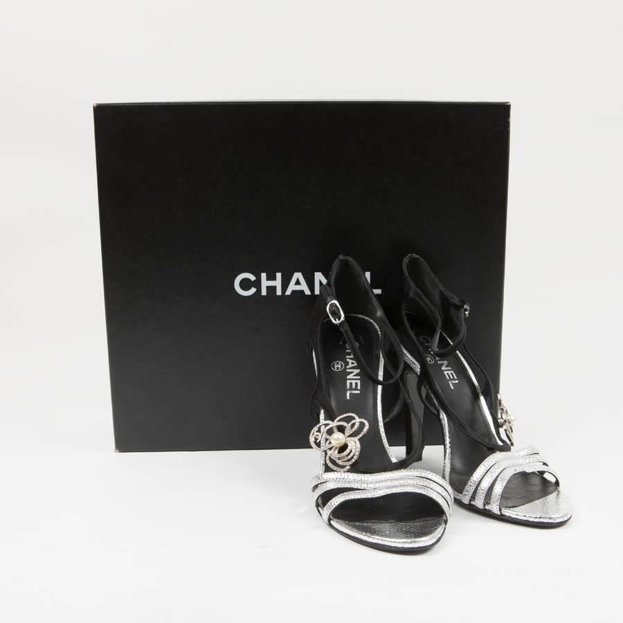 CHANEL High Sandals in Silver Python and Black Satin Leather Size 38.5EU 3