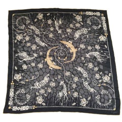 CARTIER 'Panthère' Scarf in Black, Gray and Gold Silk