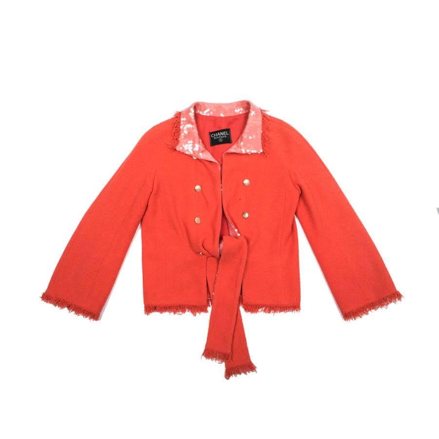 CHANEL Jacket 'Paris Los Angeles' in Coral Tweed and Neck in Sequin Size 40EU