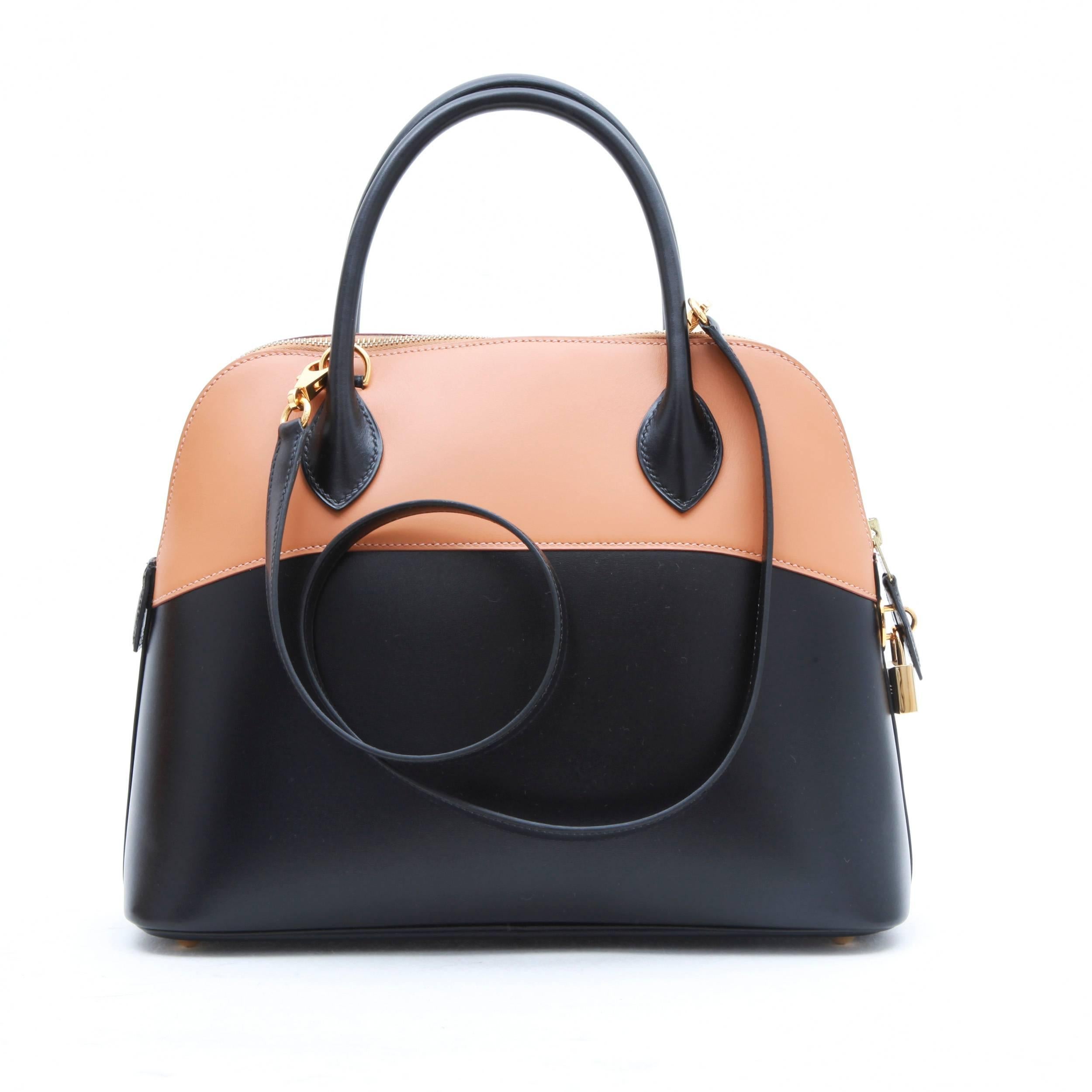 HERMES 'Bolide' Bag in Two-Tone Gold and Black Box Leather In Good Condition In Paris, FR