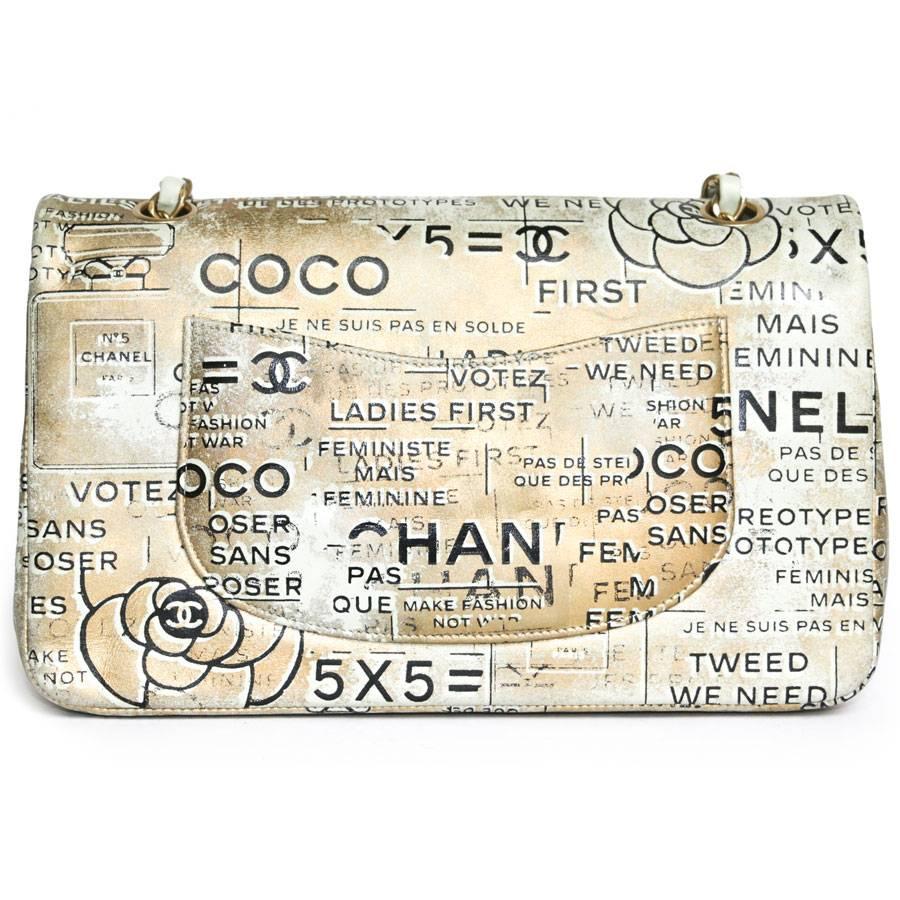 Exceptional bag! limited edition. Chanel timeless 'Coco' double flap bag in golden leather on a green  of water background, as tagged. You can see mythical inscriptions such as: Coco, Chanel, tweed, ladies first, feminist but not feminine, etc. ....