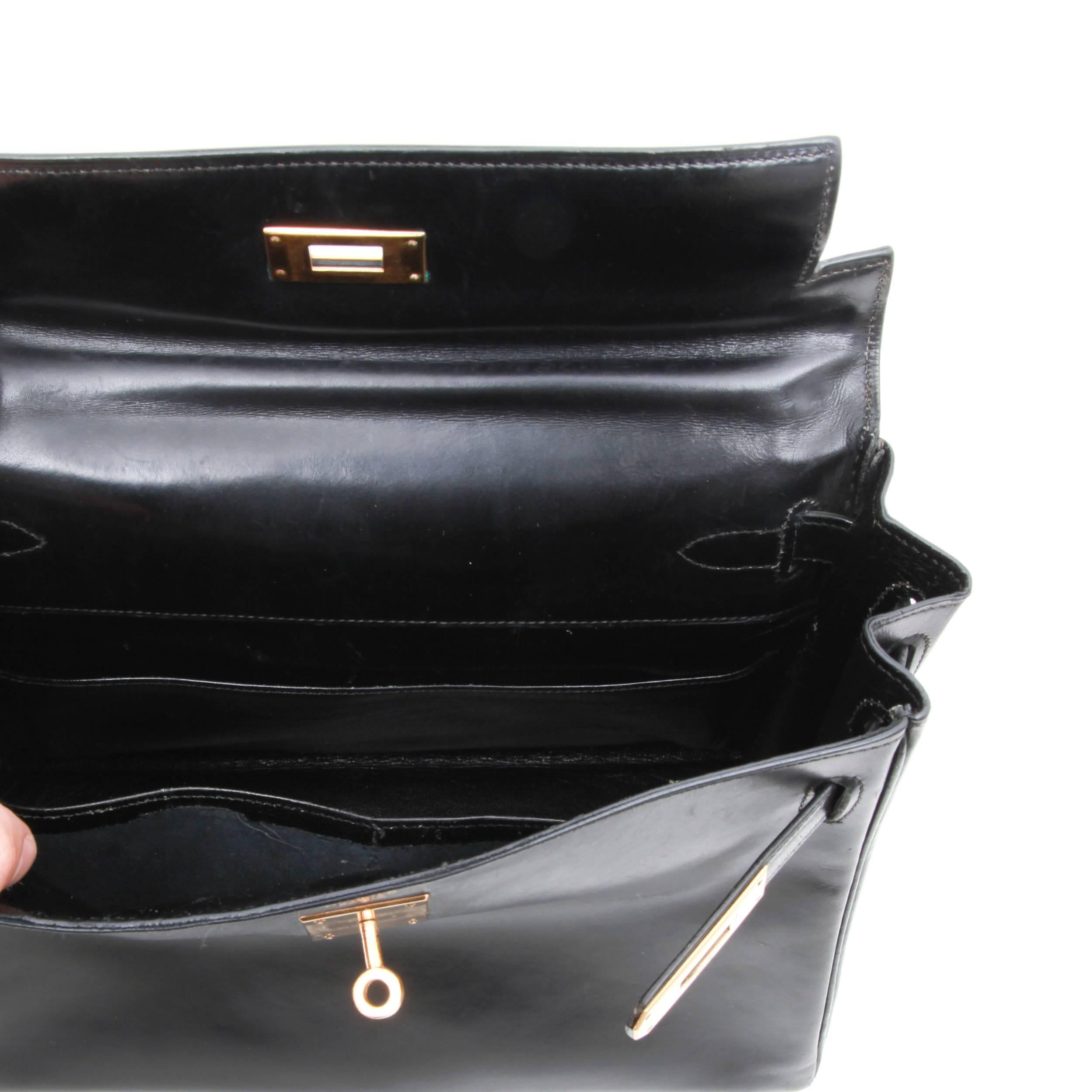 HERMES Vintage Kelly 28 Flap Bag in Black Box Leather 3