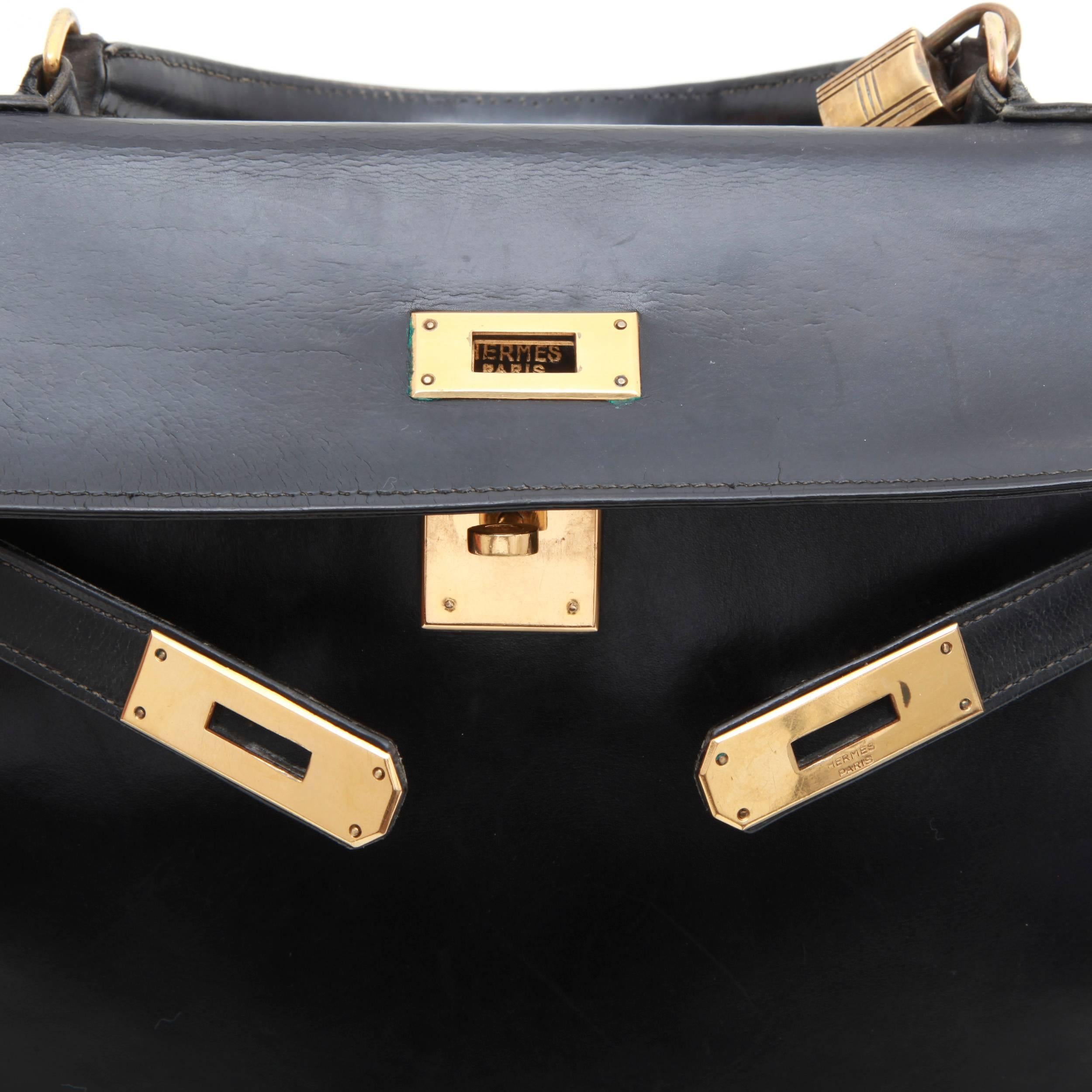 HERMES Vintage Kelly 28 Flap Bag in Black Box Leather 1
