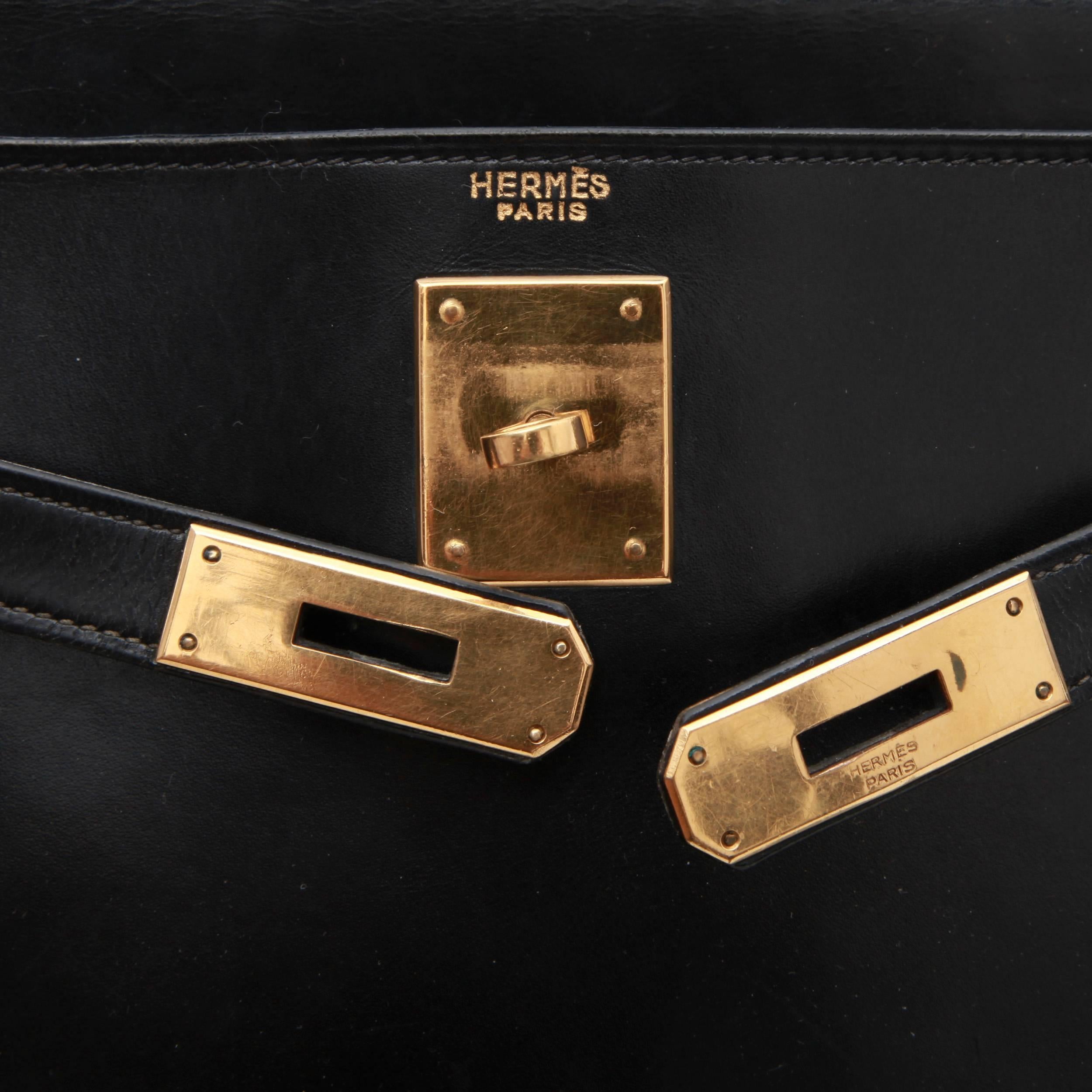 HERMES Vintage Kelly 28 Flap Bag in Black Box Leather 2