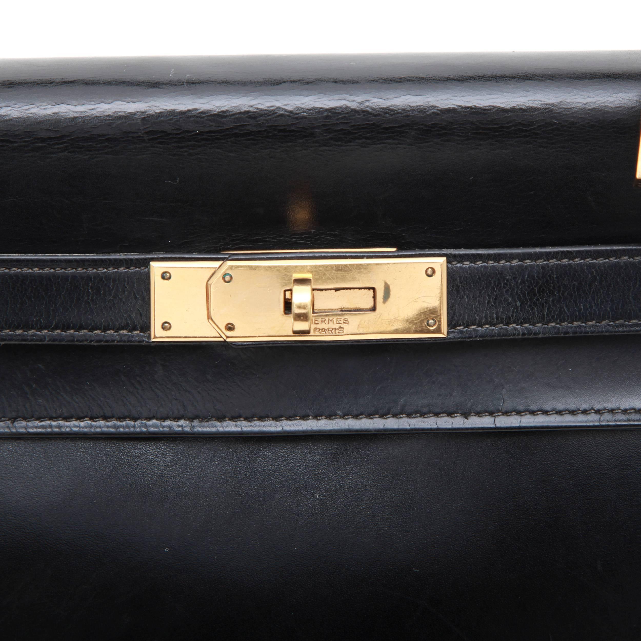Women's HERMES Vintage Kelly 28 Flap Bag in Black Box Leather