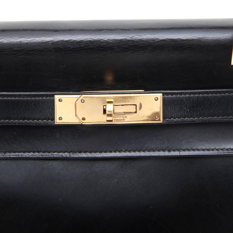 HERMES Vintage Kelly 28 Flap Bag in Black Box Leather