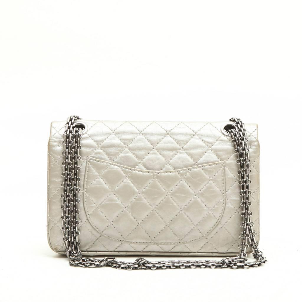 Beige CHANEL 'Timeless' Double Flap Bag in Aged Silver Leather