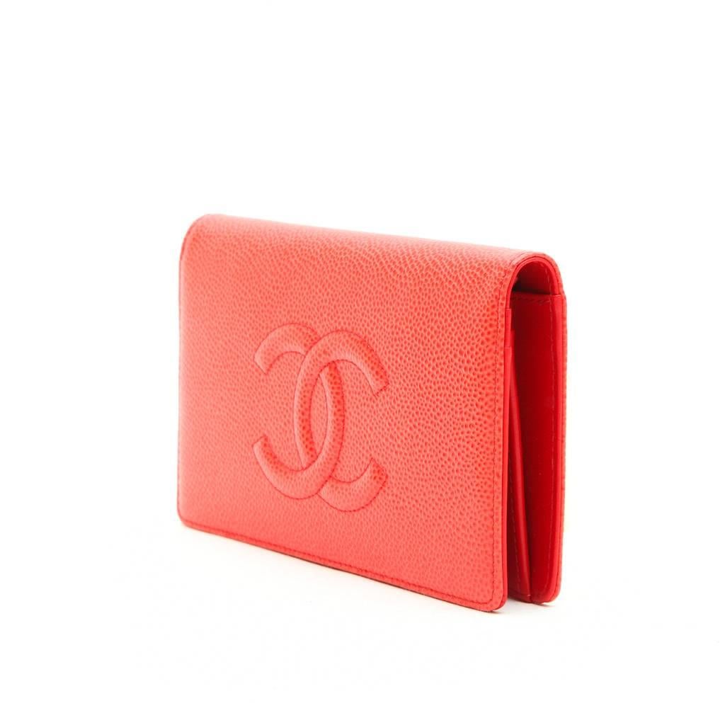 Red CHANEL Card Holder in Coral Grained leather
