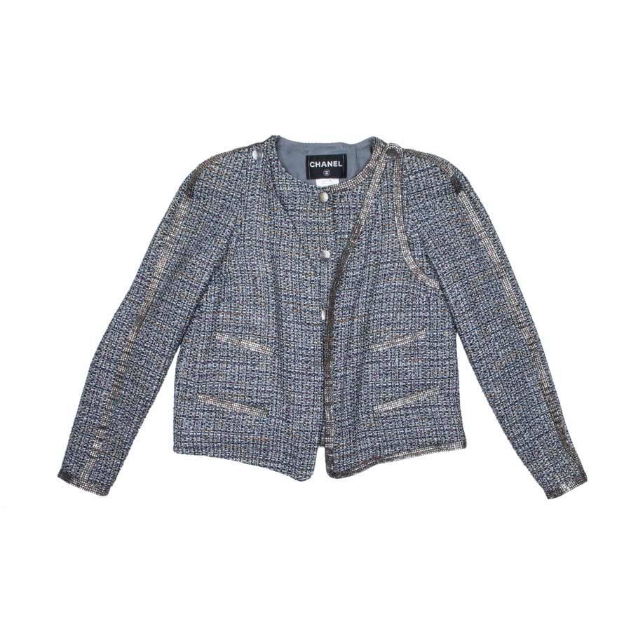 Chanel "Paris Bombay" Jacket in Gray Tweed with Swarovski Crystals Mesh Bands 38 For Sale