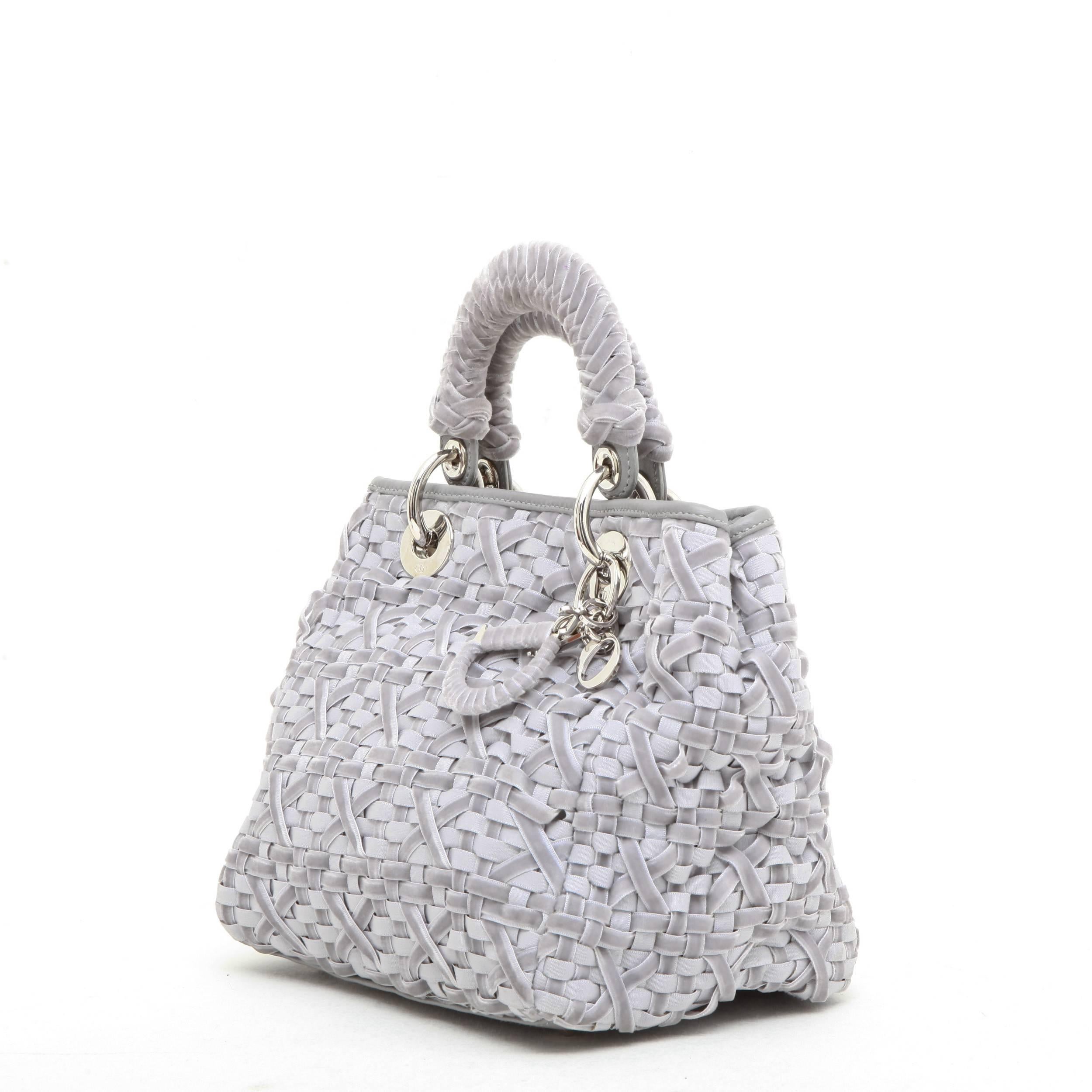 CHRISTIAN DIOR Lady D Bag in Gray Woven, Cotton and Leather Ribbons In Excellent Condition In Paris, FR
