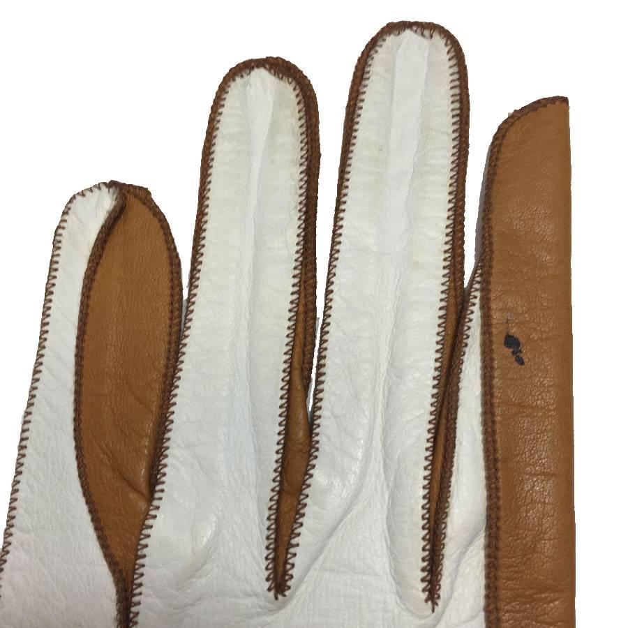 Women's CHRISTIAN DIOR Gloves in Two-Tone White and Caramel Lamb Leather 7 3/4