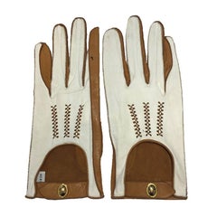 CHRISTIAN DIOR Gloves in Two-Tone White and Caramel Lamb Leather 7 3/4