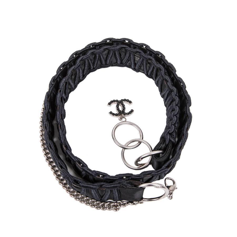 Women's CHANEL Belt in Black Satin, Leather and Silver Chain 