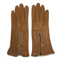 HERMES Gloves in Caramel Lamb Leather; Cream Leather Trim Size 7.5