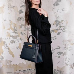 Special HERMES Kelly 28 Bag in Bicolor Blue Indigo and Burgundy Epsom Leather