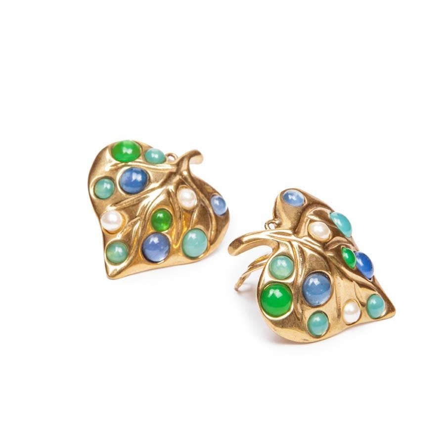 GIVENCHY Leaf Shaped Clip-on Earrings in Gilt Metal, Pearls and Molten Glass 1
