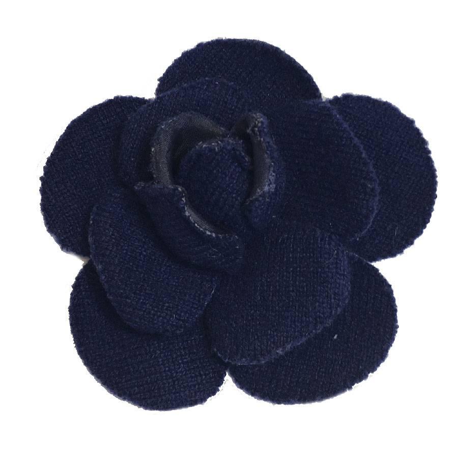 CHANEL Camellia Brooch in Dark Blue Fabric