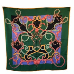 Hermes "L'instruction du Roy" Shawl Green Yellow and Mauve Silk and Cashmere
