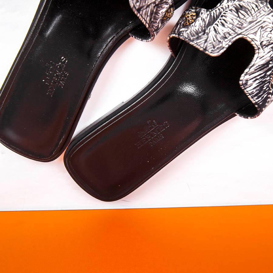 Black HERMES 'Oran' Sandals in Printed Silk Ecuador Tatoo Size 37FR