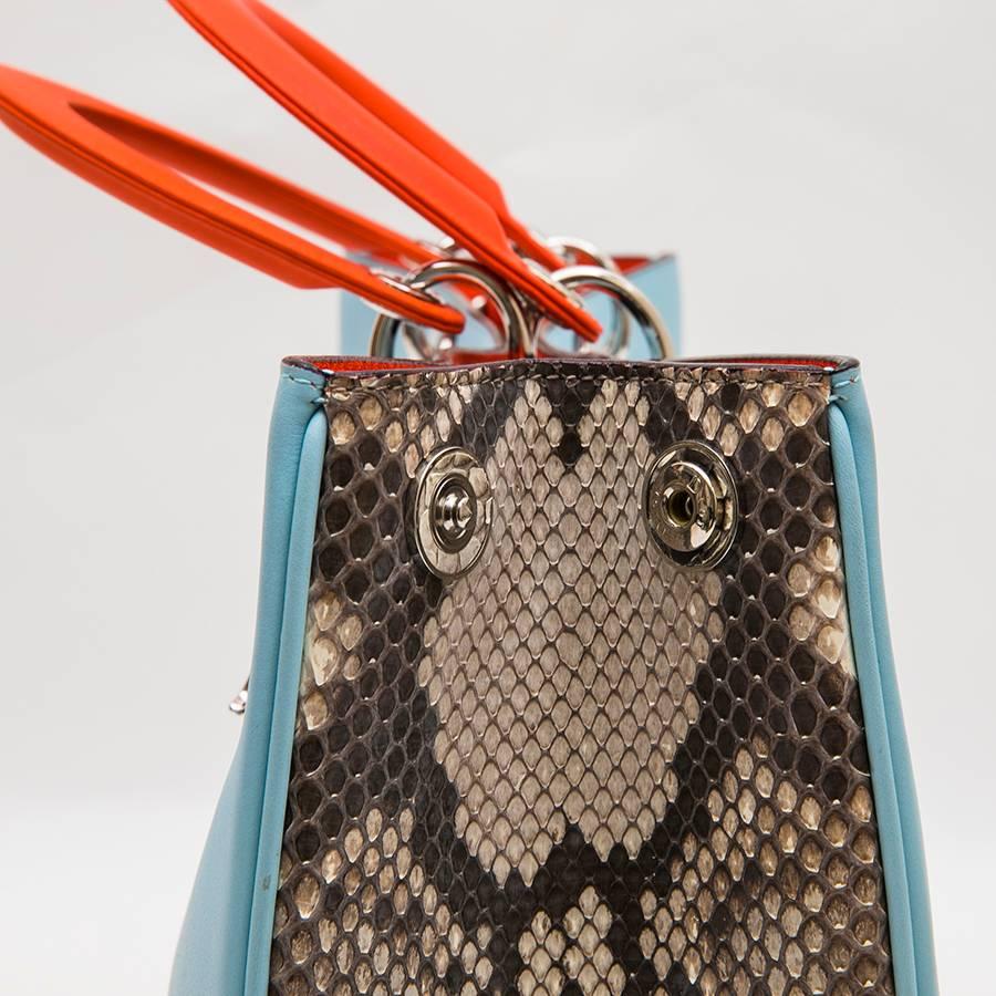 CHRISTIAN DIOR 'Lady D Dior' Bag in Blue Sky Leather and Gray Python In New Condition In Paris, FR