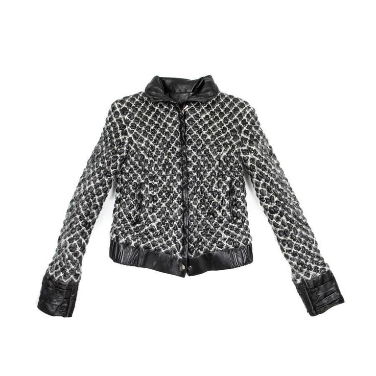 CHANEL Quilted Jacket in Black Lamb Leather Stitched with White Mohair ...