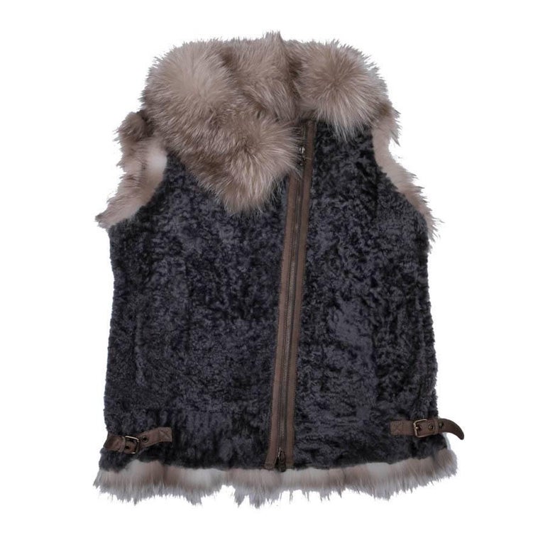BRUNELLO CUCINELLI Sleeveless Jacket in Gray Turned Sheep Skin and Fox Fur  For Sale at 1stDibs