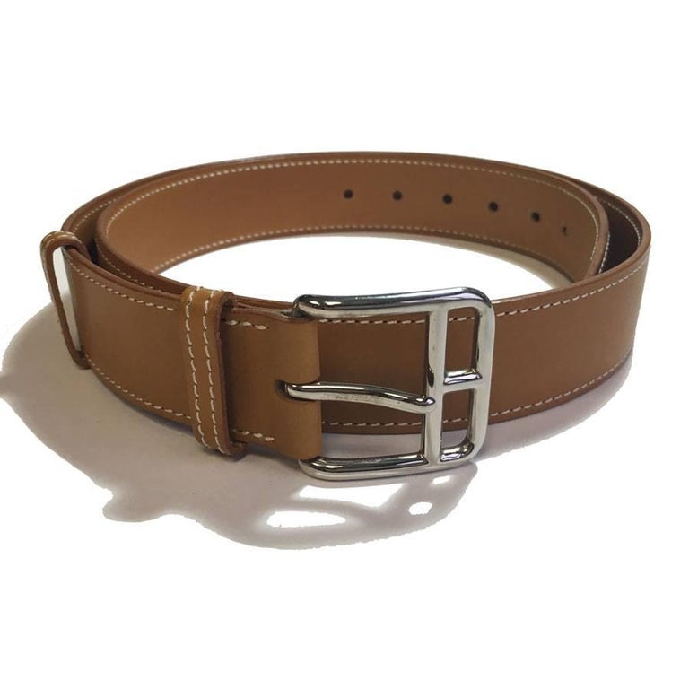 HERMES Belt in Gold Leather with White Stitching Size 80FR at 1stdibs