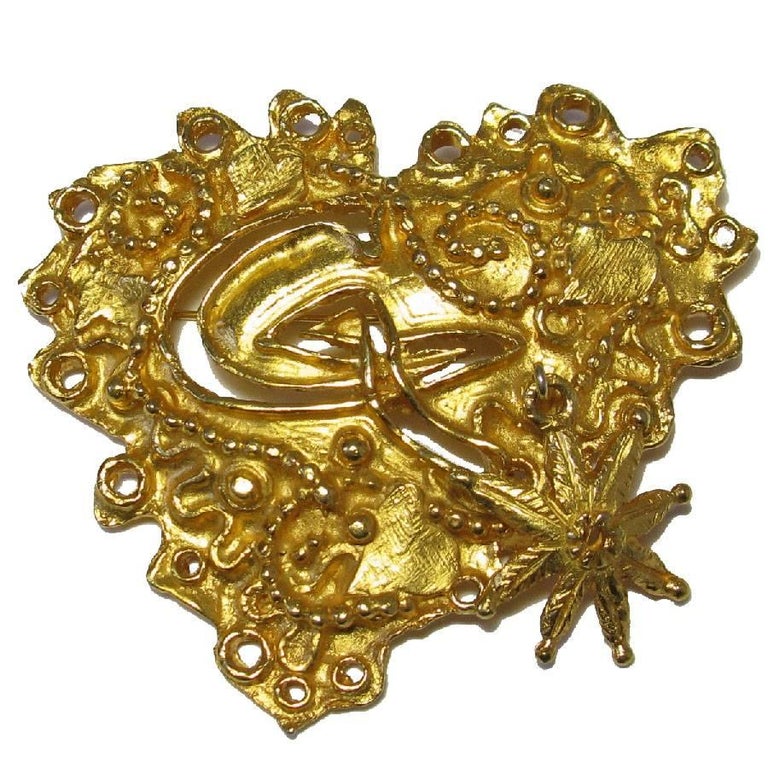 CHRISTIAN LACROIX Heart Brooch in Gilded Metal For Sale at 1stDibs