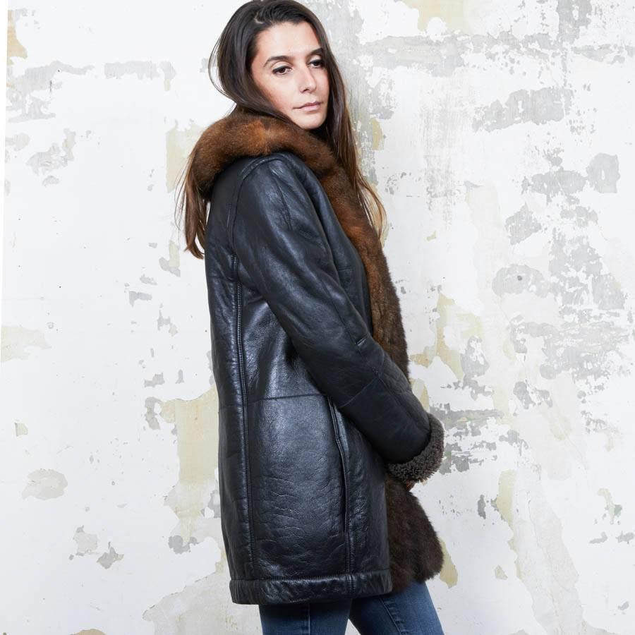 Black Balenciaga Mid-Length Coat in Brown Returned Lambskin and Aged Leather Size 40