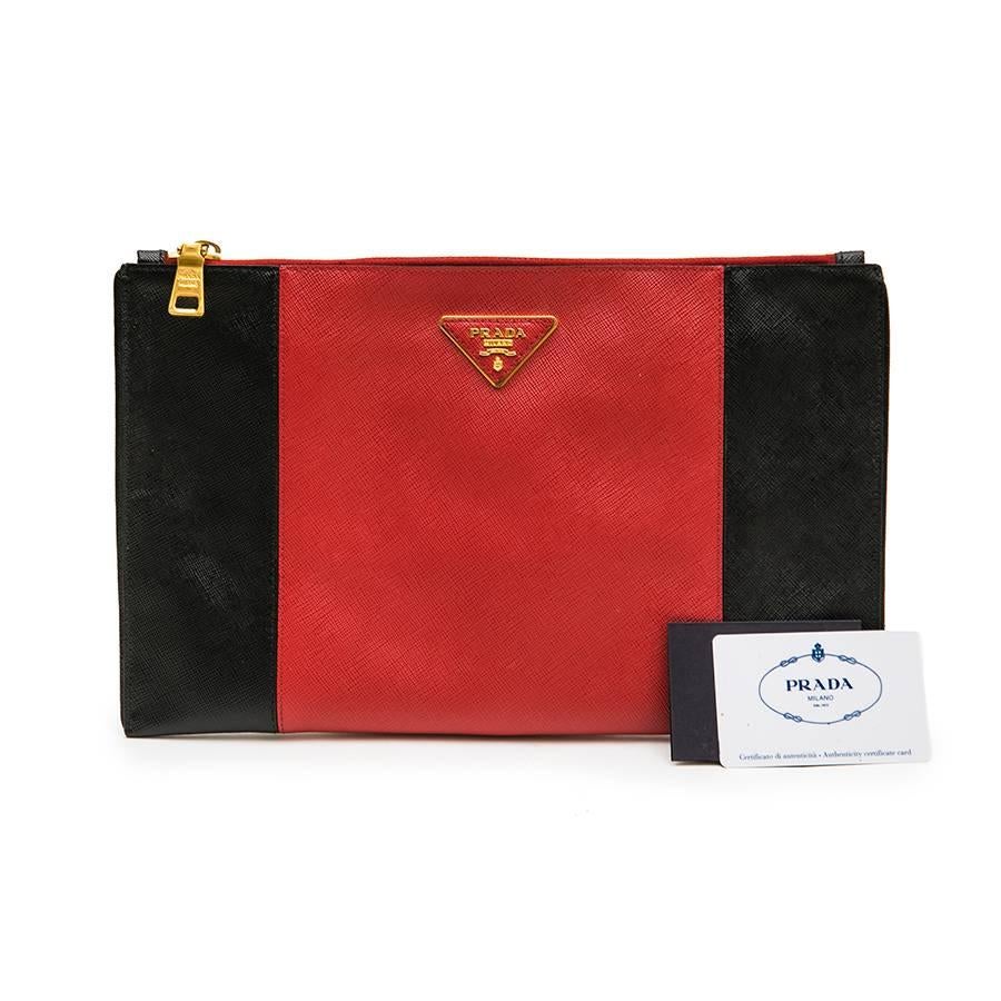 Women's PRADA Clutch in Two-Tone Black and Red Grained Leather