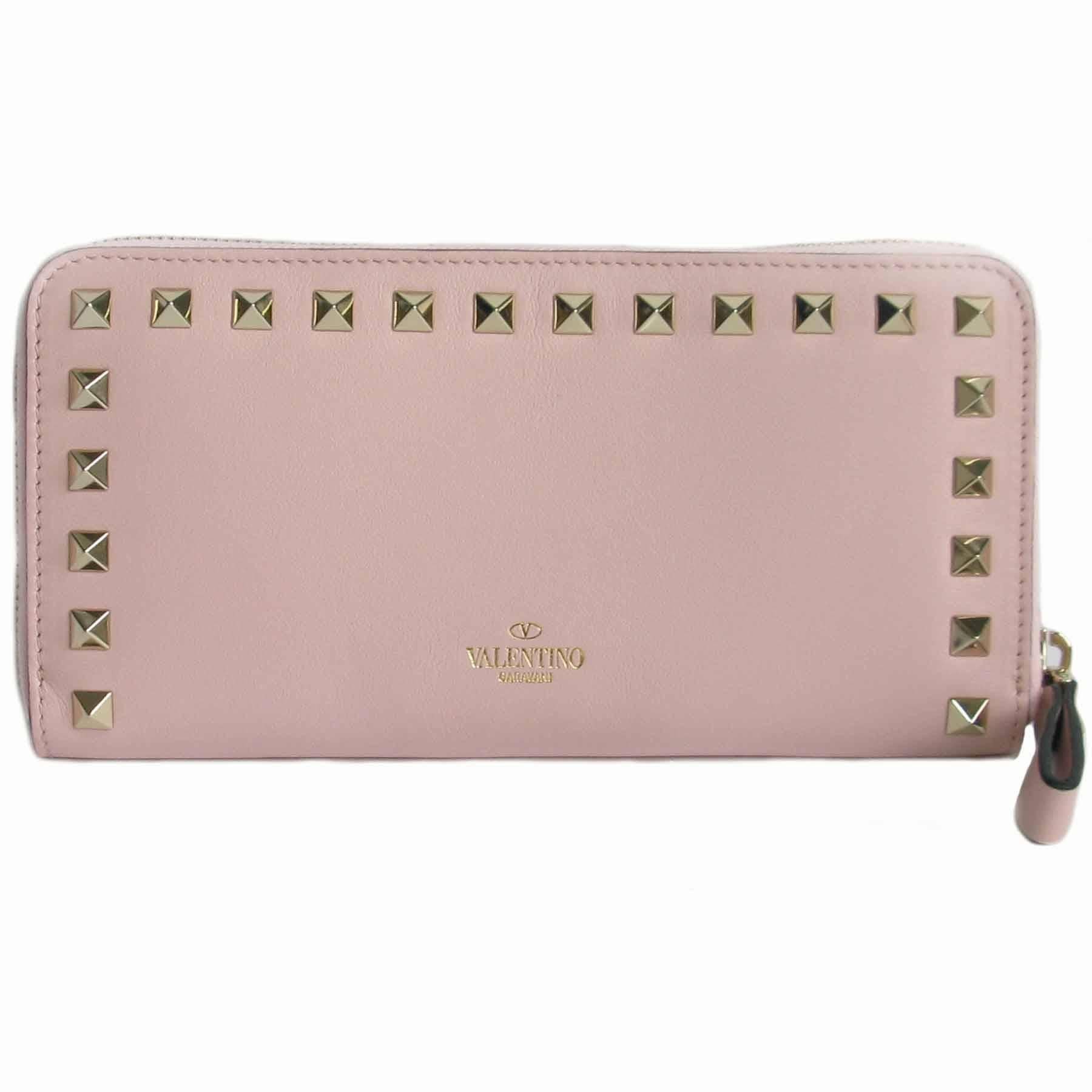 VALENTINO 'Rockstud' Wallet in Pink Leather and Gilded Metal Studs