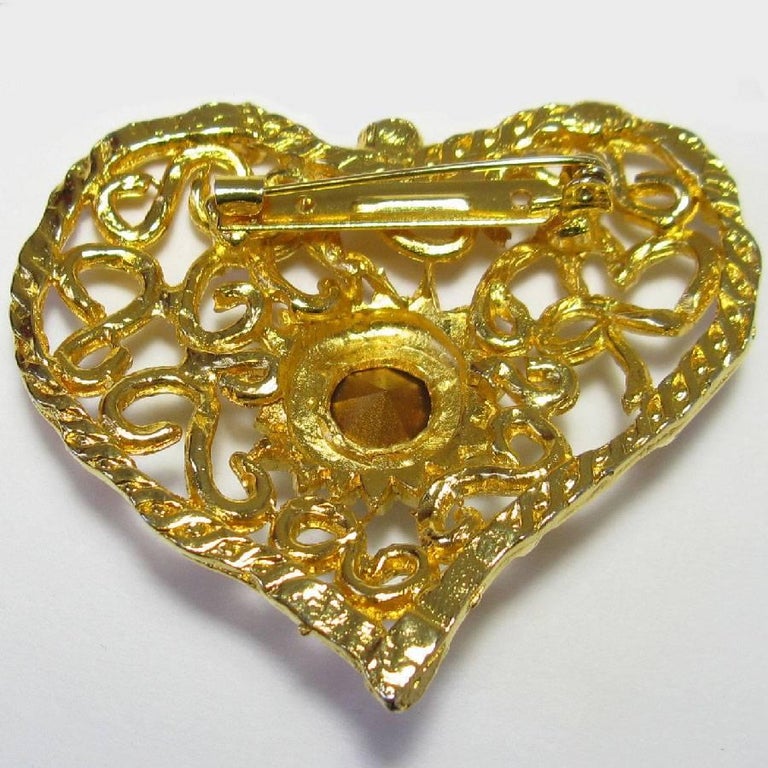CHRISTIAN LACROIX Vintage Heart Brooch in Gilded Metal and White