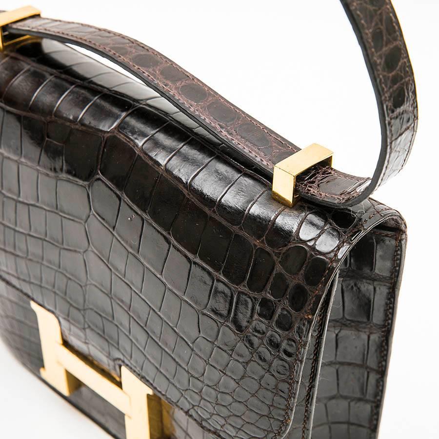 Black Hermes Vintage Constance Bag in Brown Chocolate Crocodile Leather