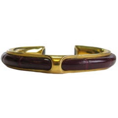 HERMES Retro Bracelet in Gold Plated and Red H Crocodile Leather