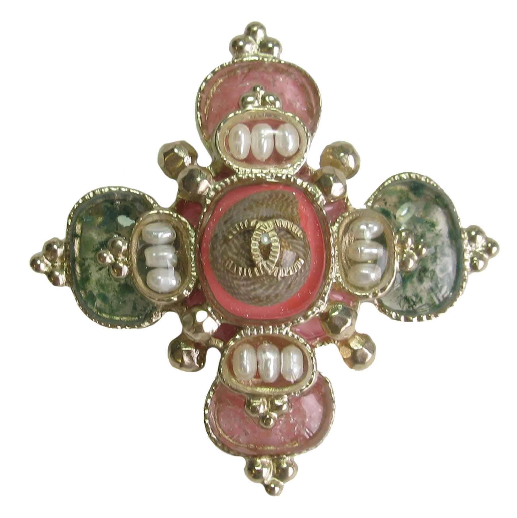 Chanel Cross Brooch in Gilded Metal, Shell, Molten Glass and Freshwater Pearls
