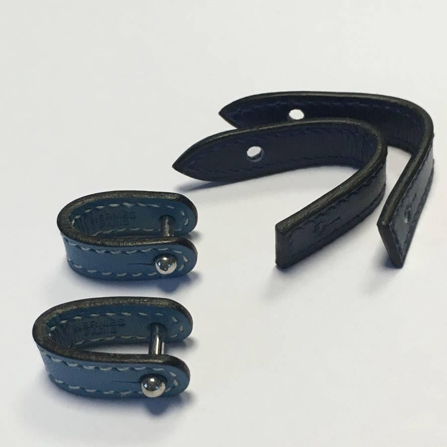 HERMES Interchangeable Cufflinks in Blue Sky and Dark Blue Leather In Excellent Condition In Paris, FR