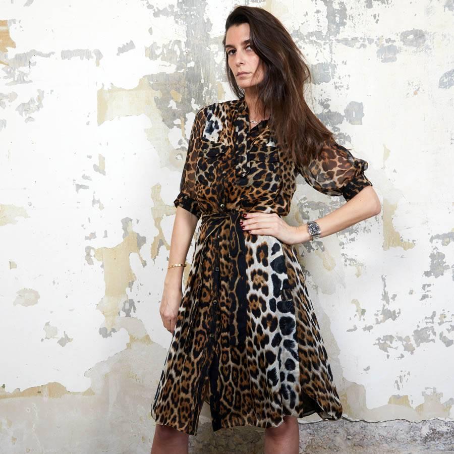Black YVES SAINT LAURENT Dress in Leopard Printed Silk Size 36FR