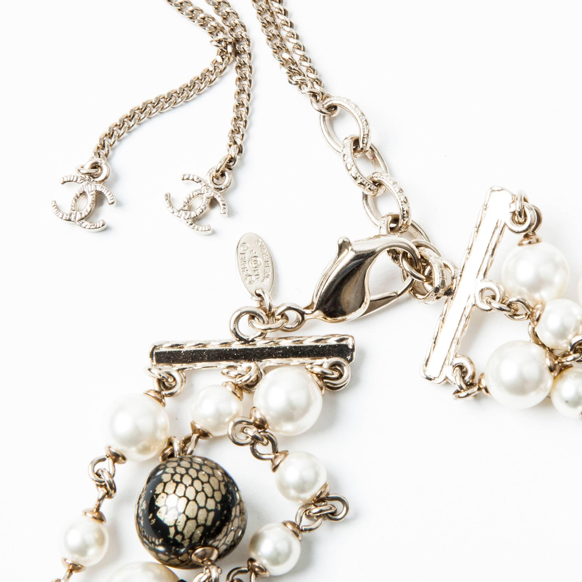 Women's CHANEL Necklace Triple Rows Pearl Beads and Gold and Black Balls