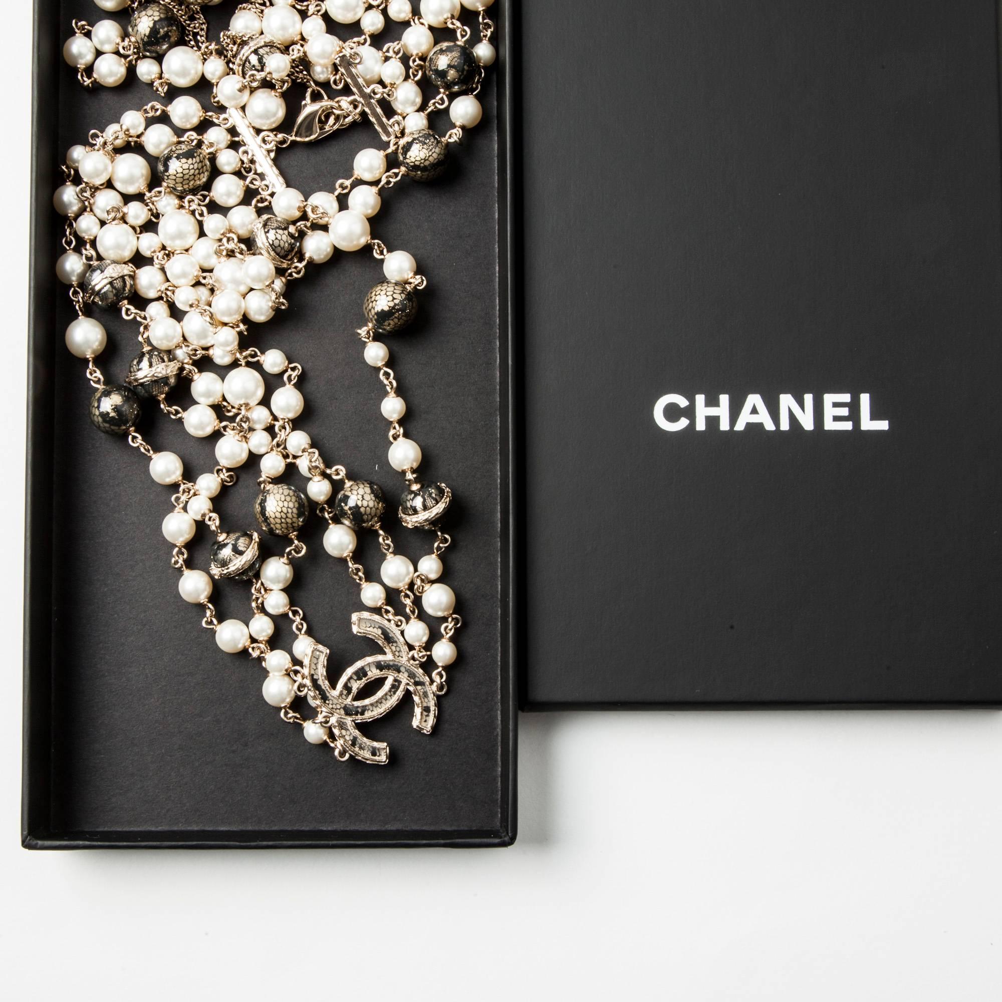CHANEL Necklace Triple Rows Pearl Beads and Gold and Black Balls 3