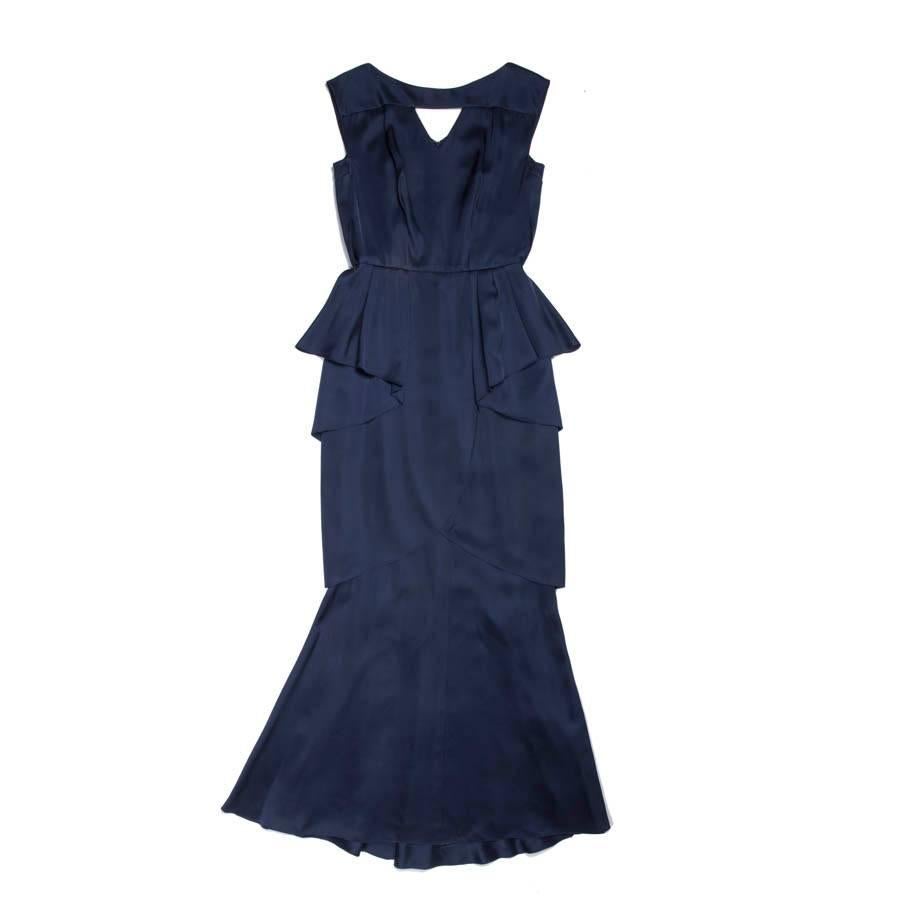 CHANEL Abendkleid aus blauer Seide mit Rüschen Größe 38FR im Angebot