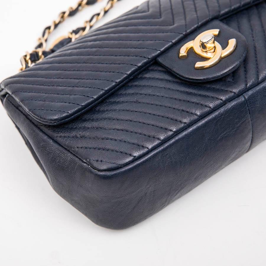 Black Chanel Mini Bag in Blue Leather with Herringbone Pattern 